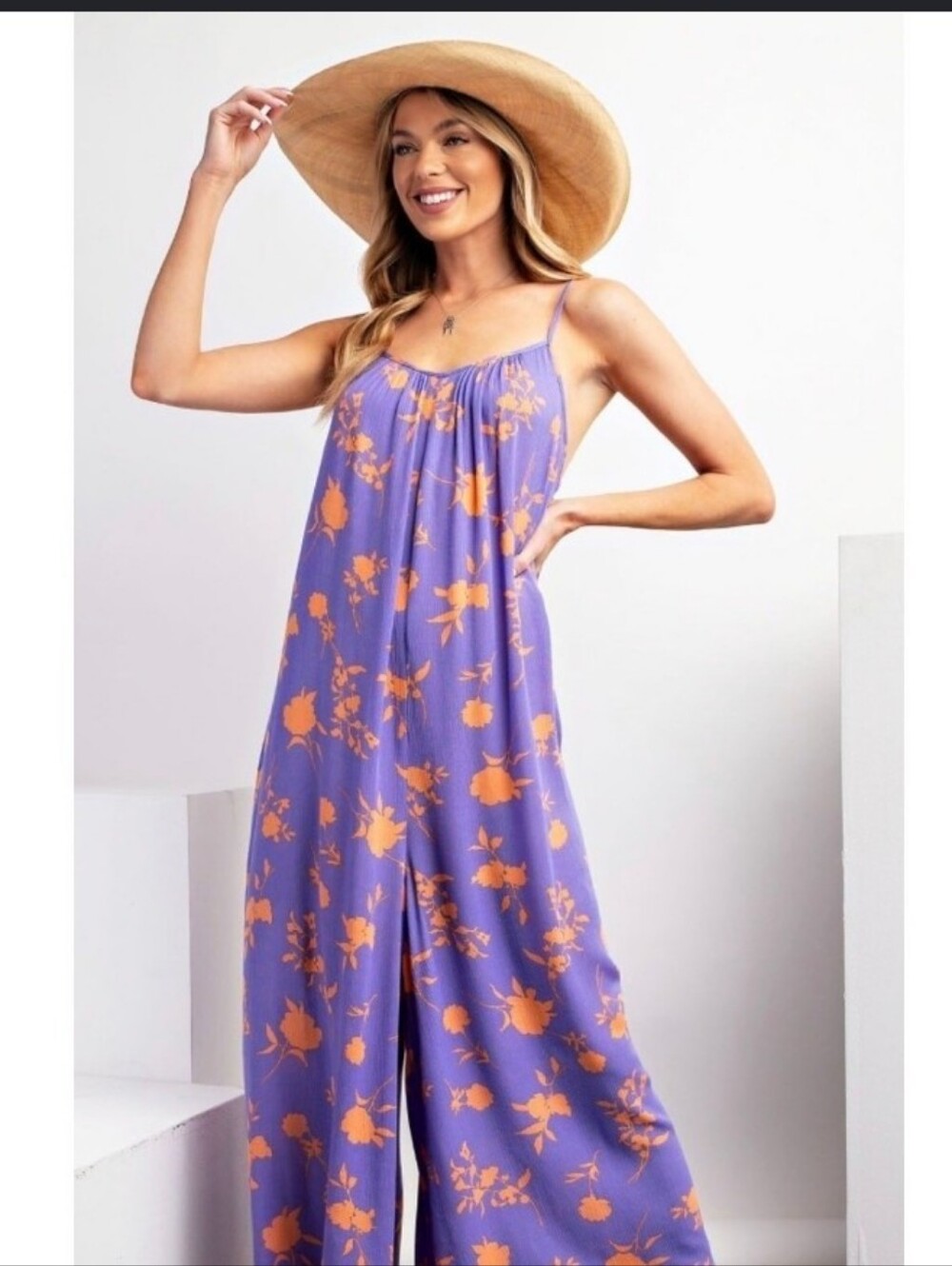 NWT Easel Printed Rayon Gauze Cami Jumpsuit - Purple & Orange Floral Boho